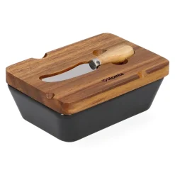 HOMLA Maselniczka Mooka Porcelanowa Z Nozykiem I Akacjowa Pokrywka Czarna 11X16 Cm