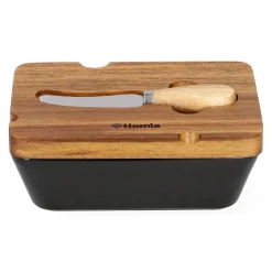 HOMLA Maselniczka Mooka Porcelanowa Z Nozykiem I Akacjowa Pokrywka Czarna 11X16 Cm