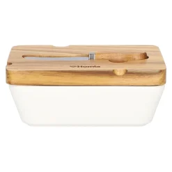 HOMLA Maselniczka Mooka Porcelanowa Z Nozykiem I Akacjowa Pokrywka Biala 11X16 Cm