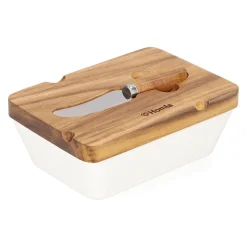 HOMLA Maselniczka Mooka Porcelanowa Z Nozykiem I Akacjowa Pokrywka Biala 11X16 Cm