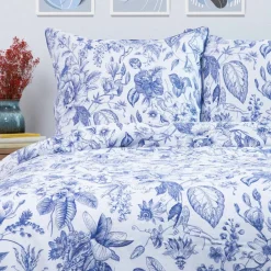 HOMLA Pościel Miriel Bawelniana W Kwiaty Z Niebieska Lamowka 160X200 + 2*50X60 Cm