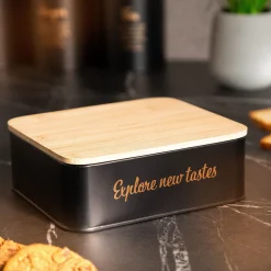 HOMLA Pojemnik Escille Z Drewniana Pokrywka Czarny 18X15X6 Cm